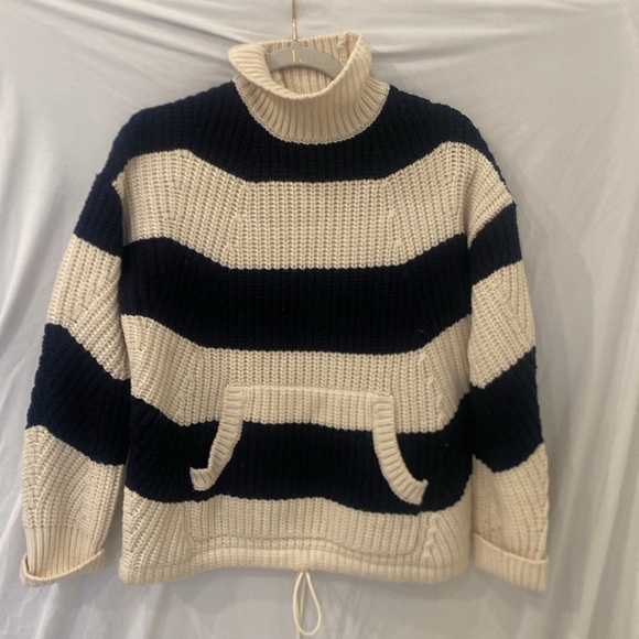 J. CREW Kangaroo Pocket Turtleneck Sweater blue and white stripe cable Xs - Picture 5 of 8